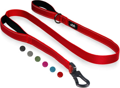 4FT 1IN Strong Red Dog Leash with 2 Padded Handles, Traffic Handle Extra Control, Comfortable Soft Dual Handle, Auto Lock Hook, Reflective Walking Lead for Small Medium and Large Dogs