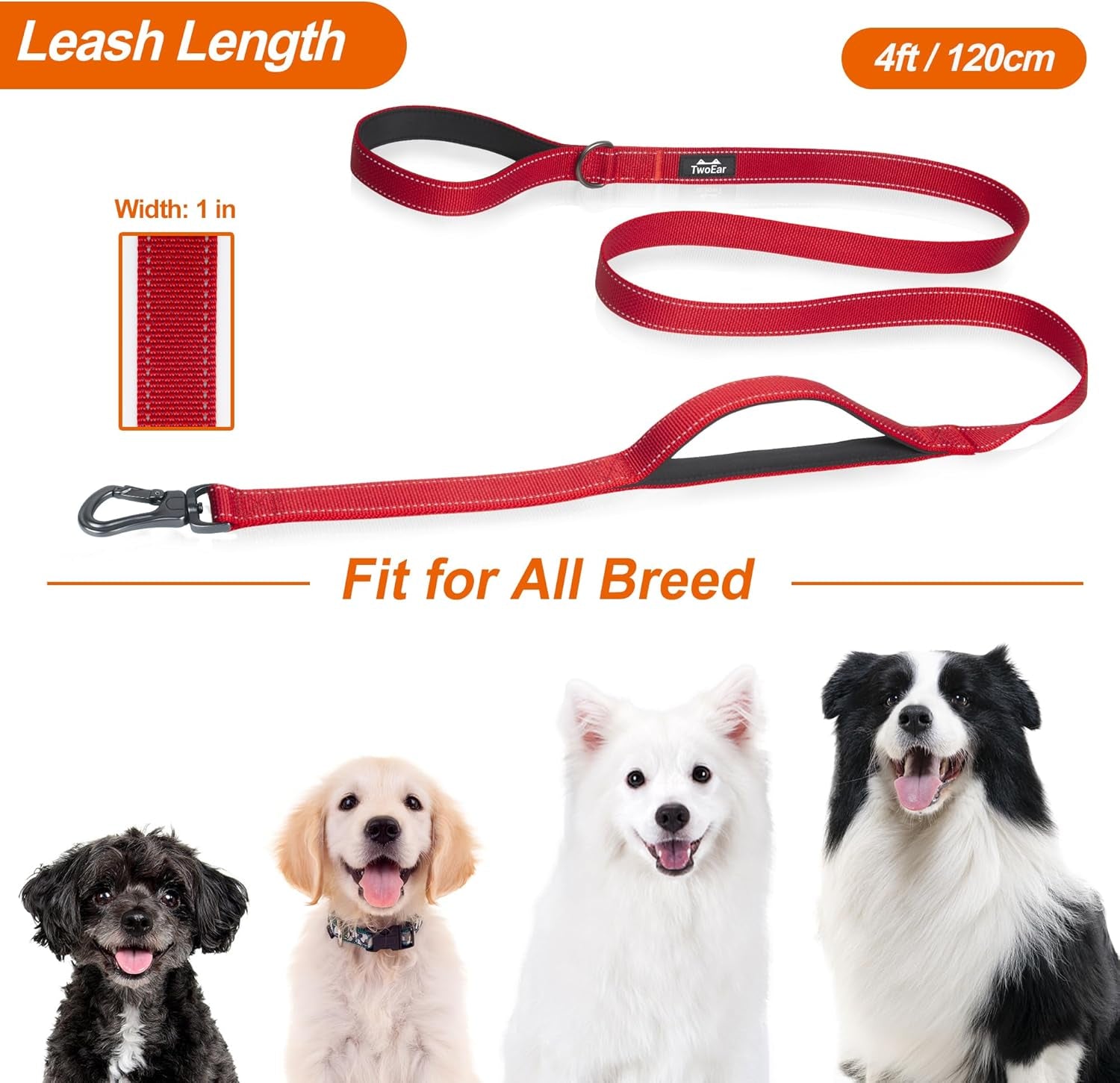 4FT 1IN Strong Red Dog Leash with 2 Padded Handles, Traffic Handle Extra Control, Comfortable Soft Dual Handle, Auto Lock Hook, Reflective Walking Lead for Small Medium and Large Dogs